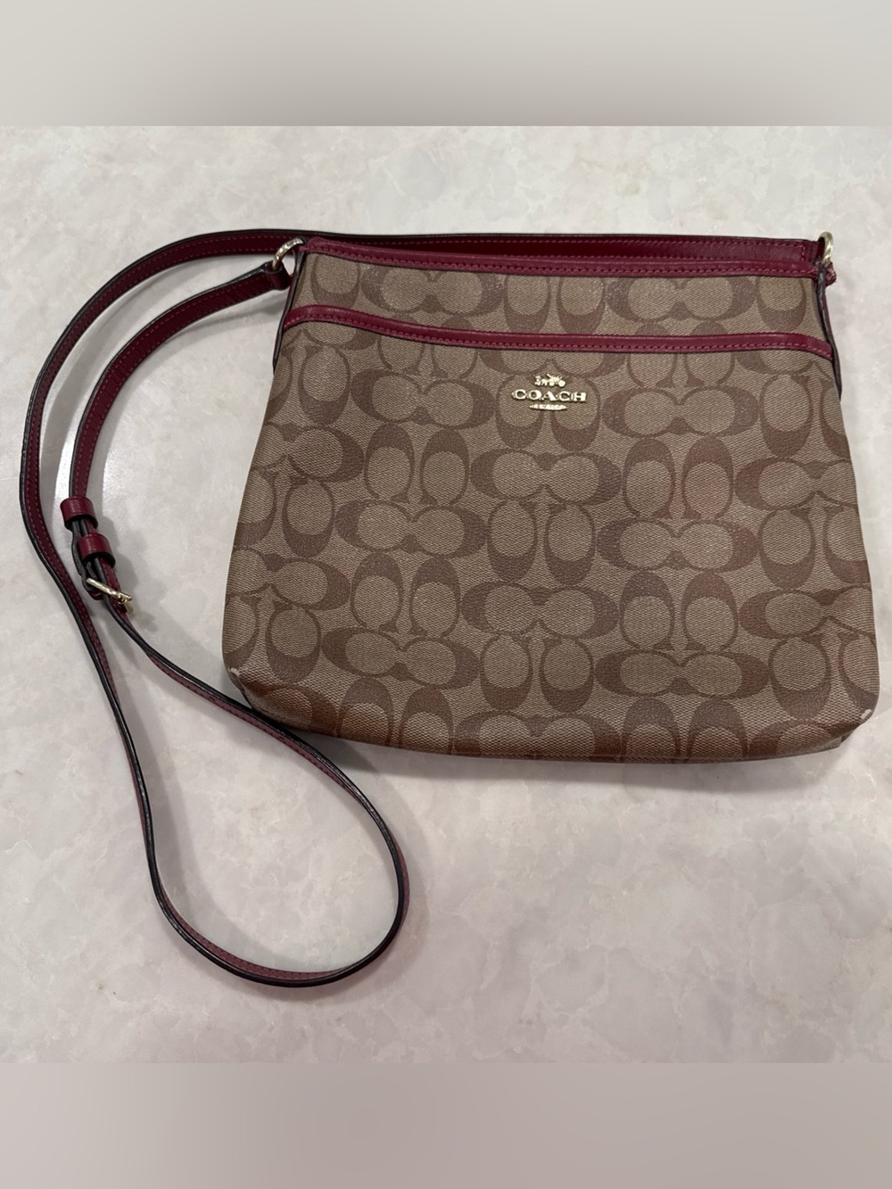 Coach Signature File Crossbody Bag F1822 F29210 Tan Coated Canvas Burgundy Strap